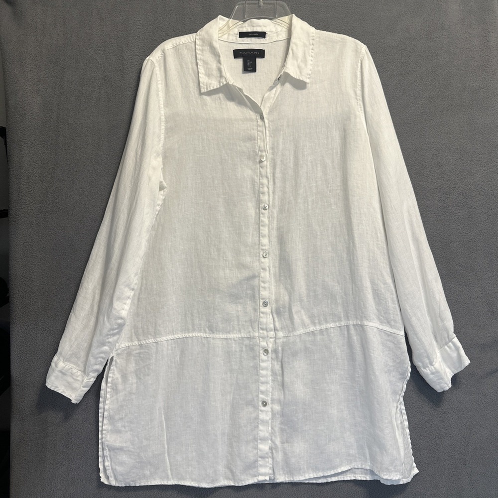 Tahari 100% Linen Tunic Top Button Down Shirt White Womens Size L White Coastal
